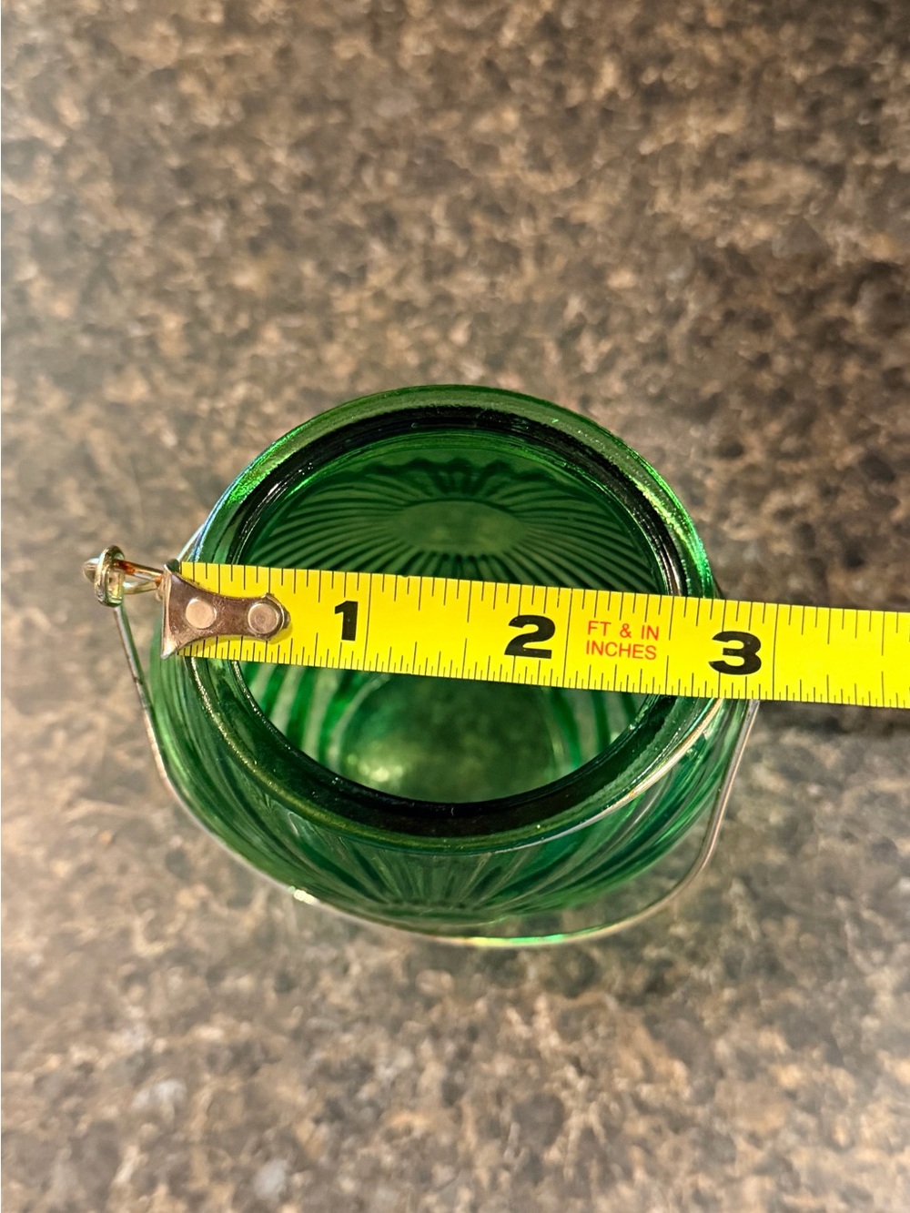 Green Pressed Glass Sunburst Vase with Metal Handle - Picture 6 of 8